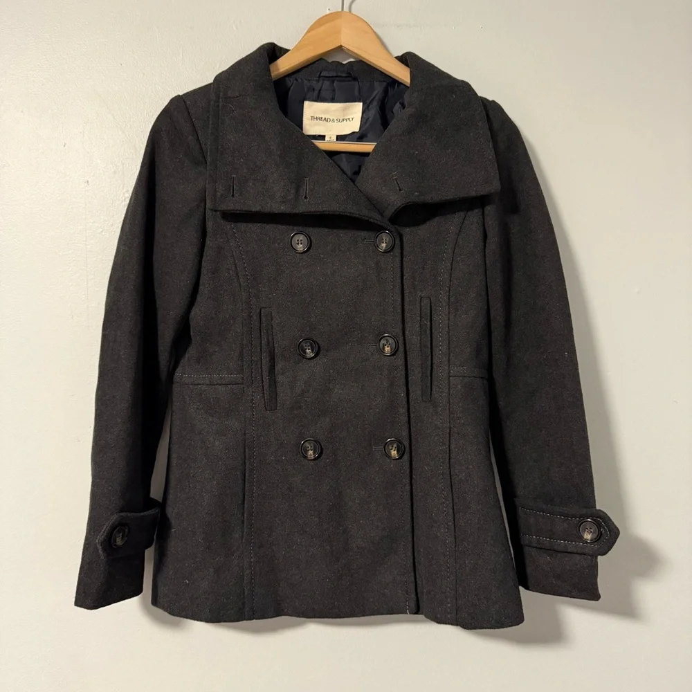 Thread & Supply Wool Blend Gray‎ Pea Coat Double Breasted Jacket Womens Size S